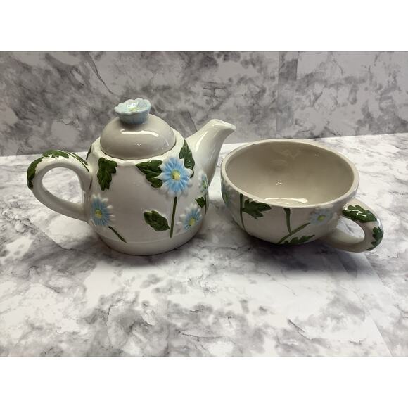 "Tea For One" 3 Piece Hand Painted Spring Floral Tea Pot - Vintage - Picture 6 of 7